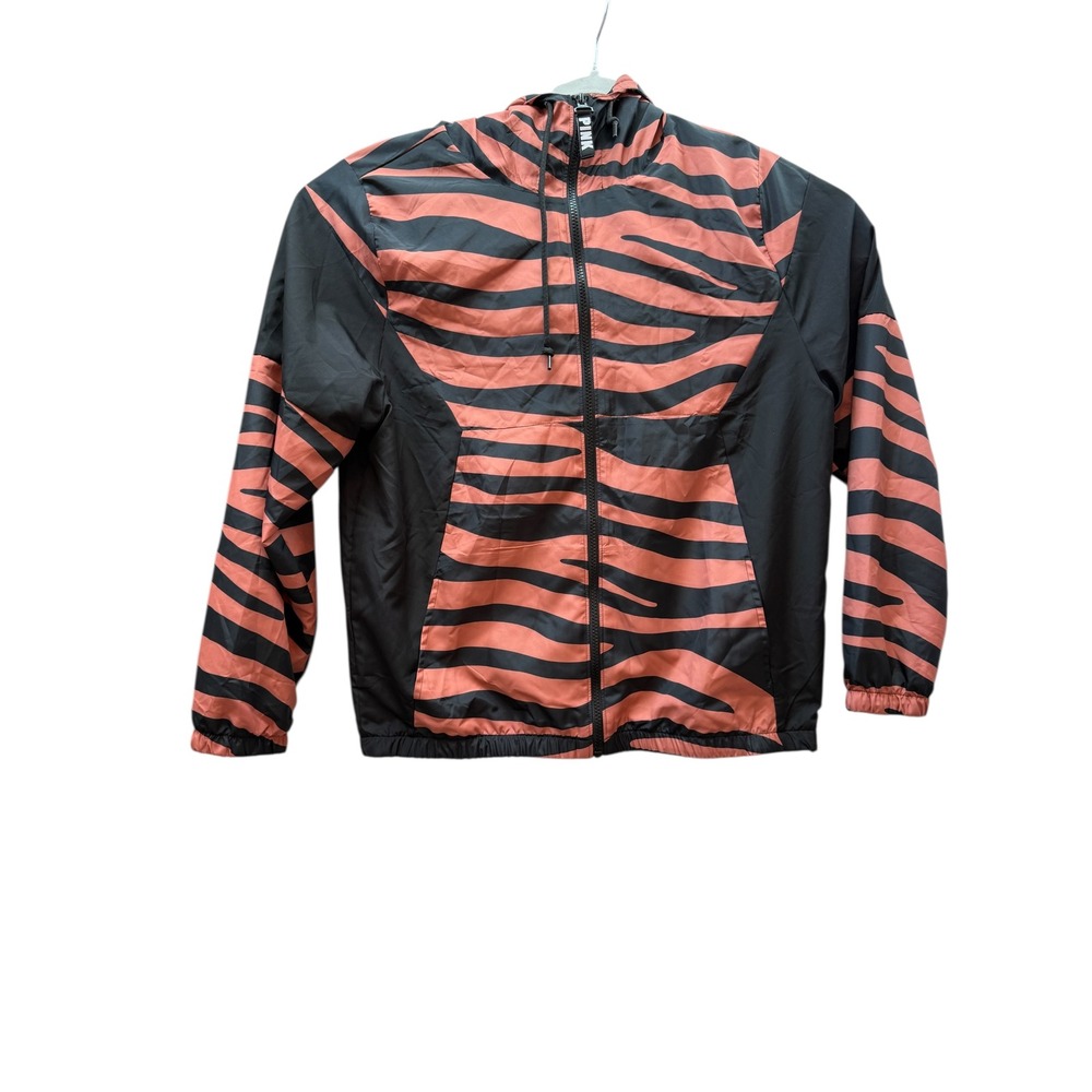 PINK Victoria's Secret Tiger‎ Stripe Windbreaker Jacket Hooded Black Coral XS S